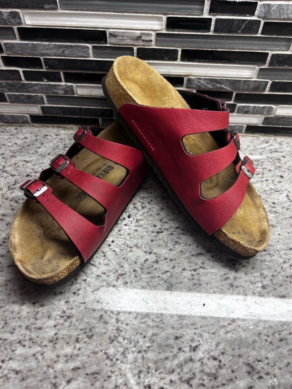 Birkenstock Red Triple-Strap Cork Footbed Sandals womens size 7 ==mens 5 - Picture 6 of 8